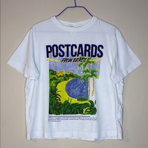 H&M Postcards From Brasil Graphic Tee - White with Blue & Yellow Print Size M